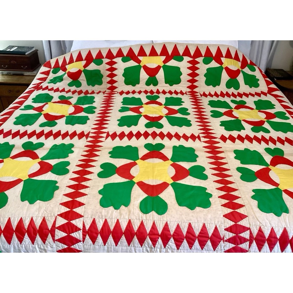 Antique Handmade Quilt Red Green Yellow Floral Clover Farmhouse Primitive Folk